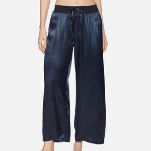 PJ Harlow Anne Satin Wide Leg Lounge Pants Steel Blue Small Drawstring Sleepwear